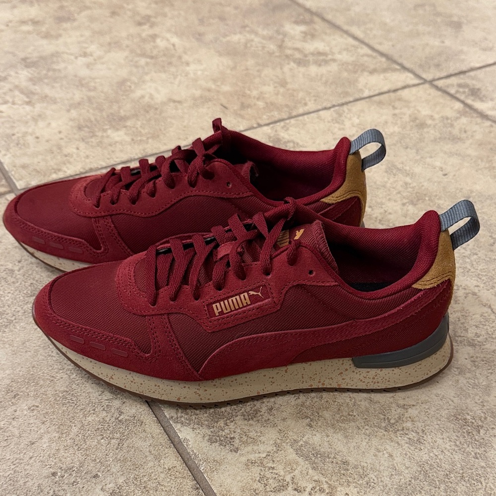 Puma Men’s SOFTFOAM + Optimal Comfort Burgundy Sneakers with Tan Heel Accents